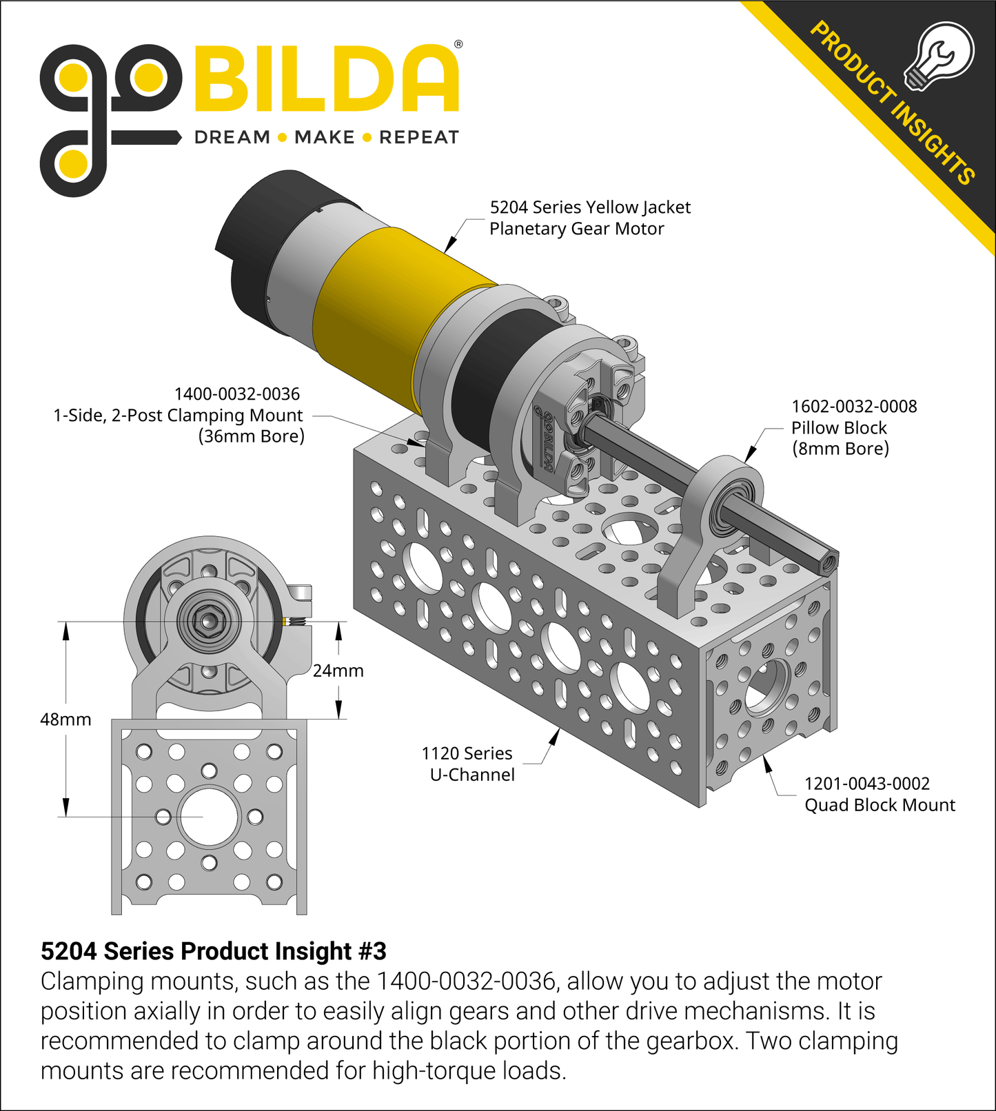 5204 Series Yellow Jacket Planetary Gear Motor (99.5:1 Ratio, 80mm Length 8mm REX™ Shaft, 60 RPM, 3.3 - 5V Encoder)