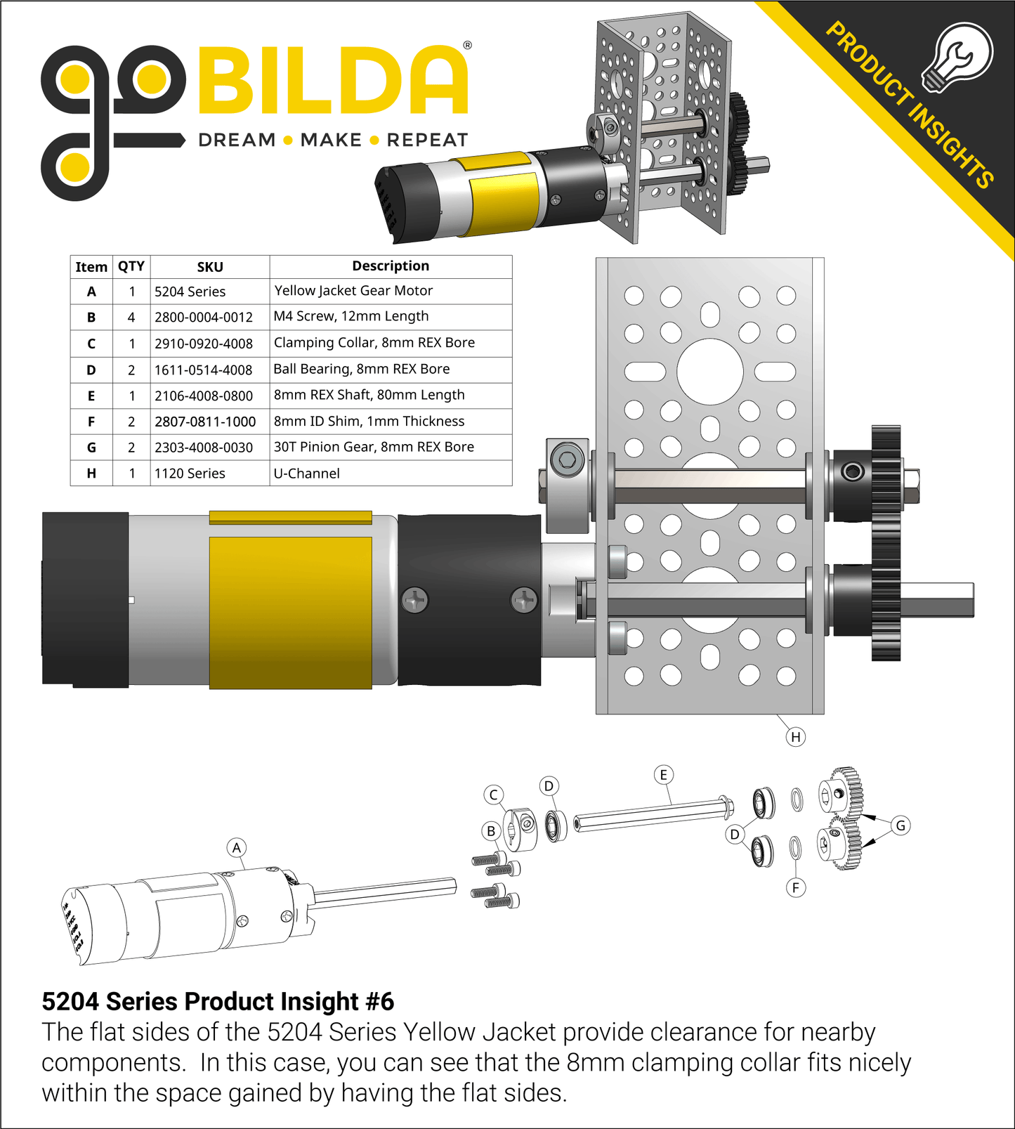 5204 Series Yellow Jacket Planetary Gear Motor (3.7:1 Ratio, 80mm Length 8mm REX™ Shaft, 1620 RPM, 3.3 - 5V Encoder)