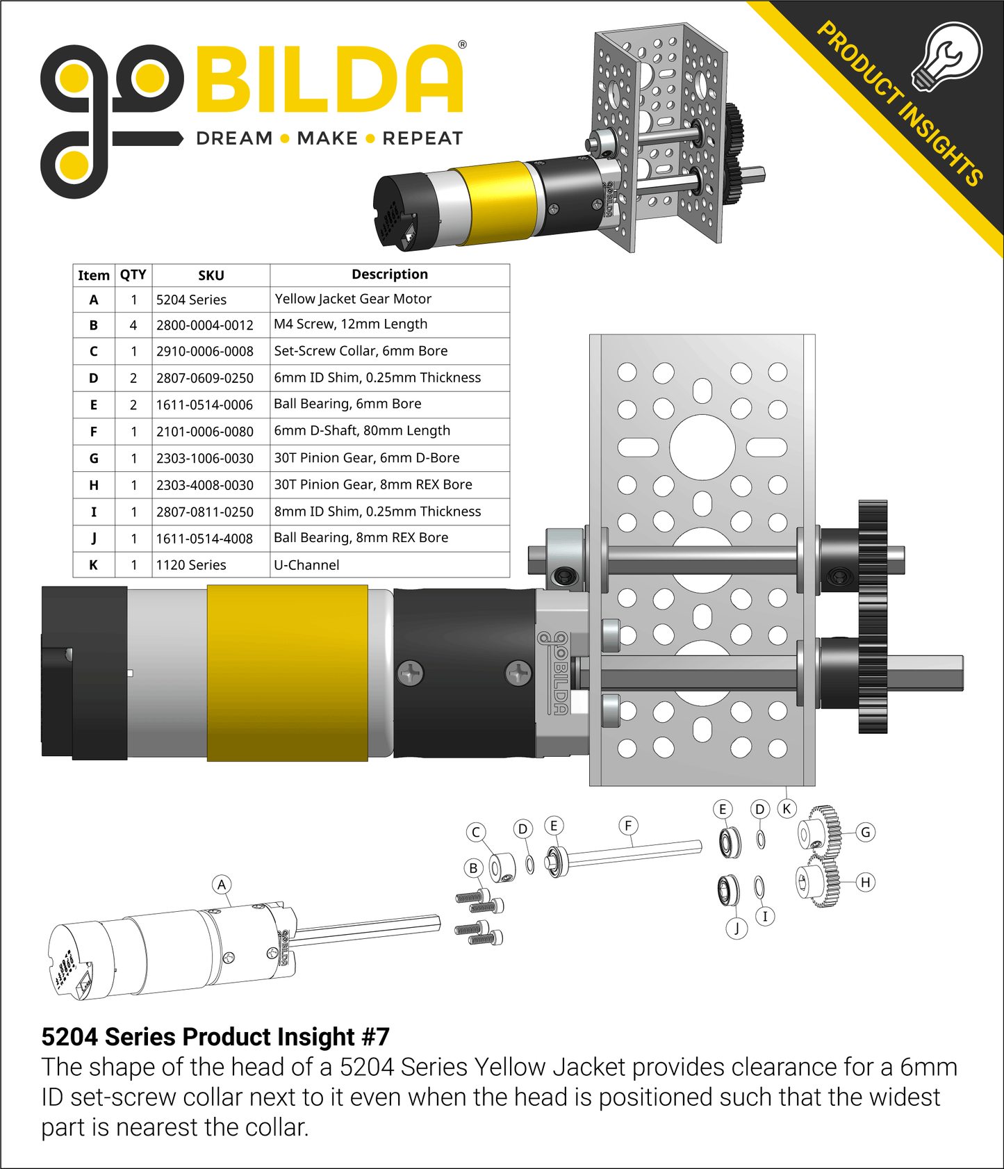 5204 Series Yellow Jacket Planetary Gear Motor (3.7:1 Ratio, 80mm Length 8mm REX™ Shaft, 1620 RPM, 3.3 - 5V Encoder)