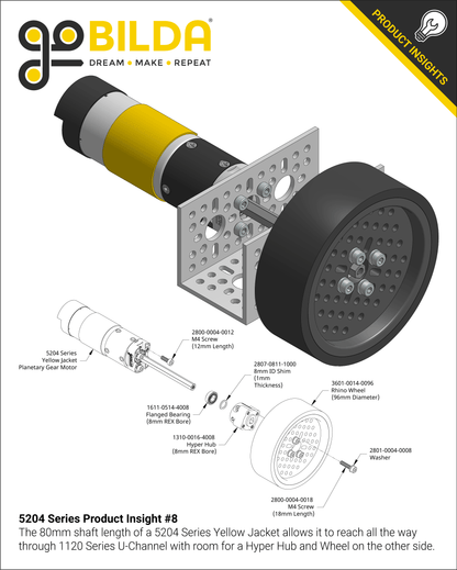 5204 Series Yellow Jacket Planetary Gear Motor (188:1 Ratio, 80mm Length 8mm REX™ Shaft, 30 RPM, 3.3 - 5V Encoder)