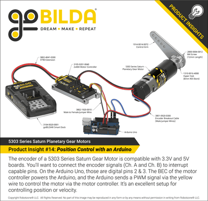 5303 Series Saturn Planetary Gear Motor (50.9:1 Ratio, 24mm Length 8mm REX™ Shaft, 360 RPM, 3.3 - 5V Encoder)