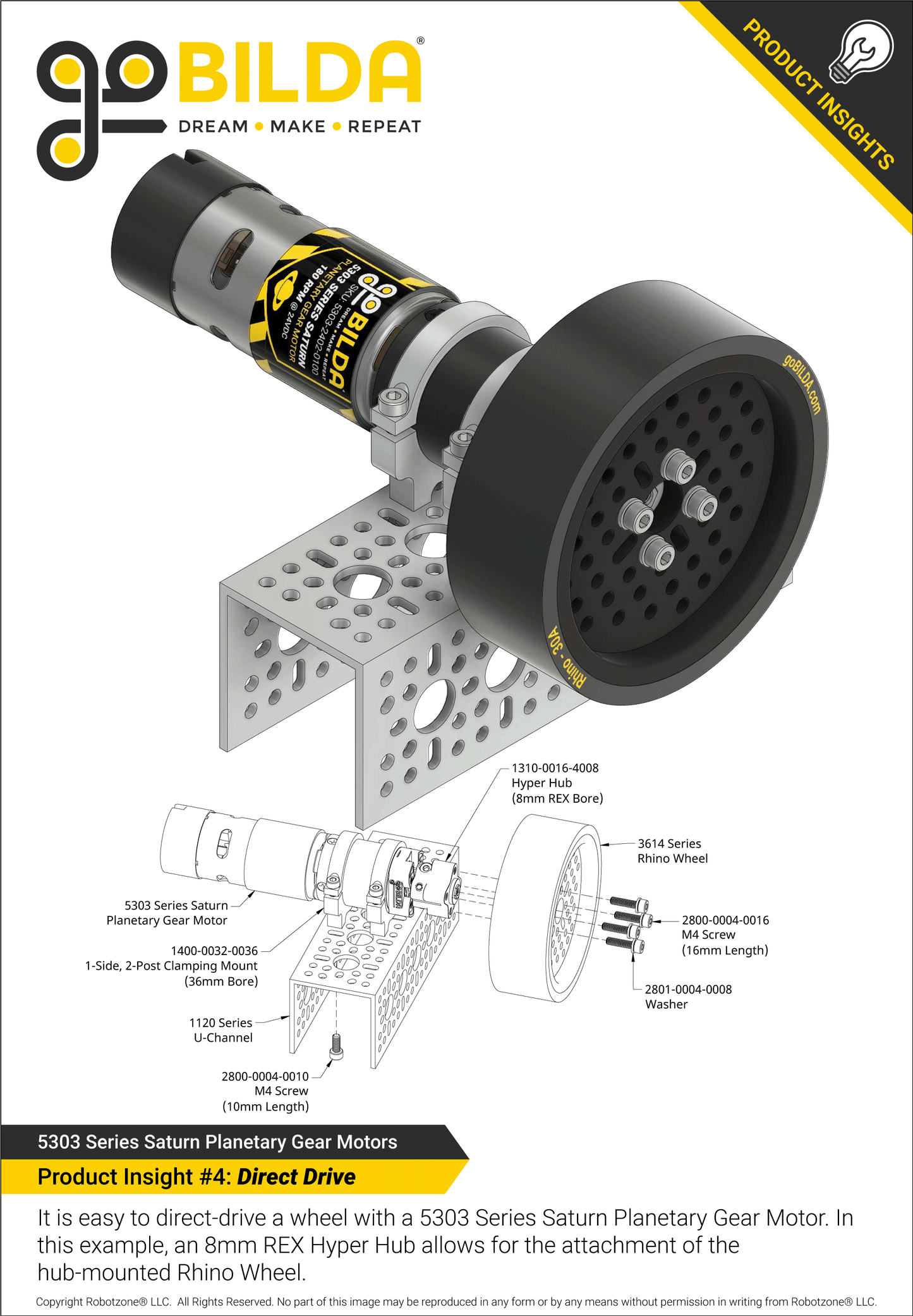 5303 Series Saturn Planetary Gear Motor (71.2:1 Ratio, 24mm Length 8mm REX™ Shaft, 260 RPM, 3.3 - 5V Encoder)