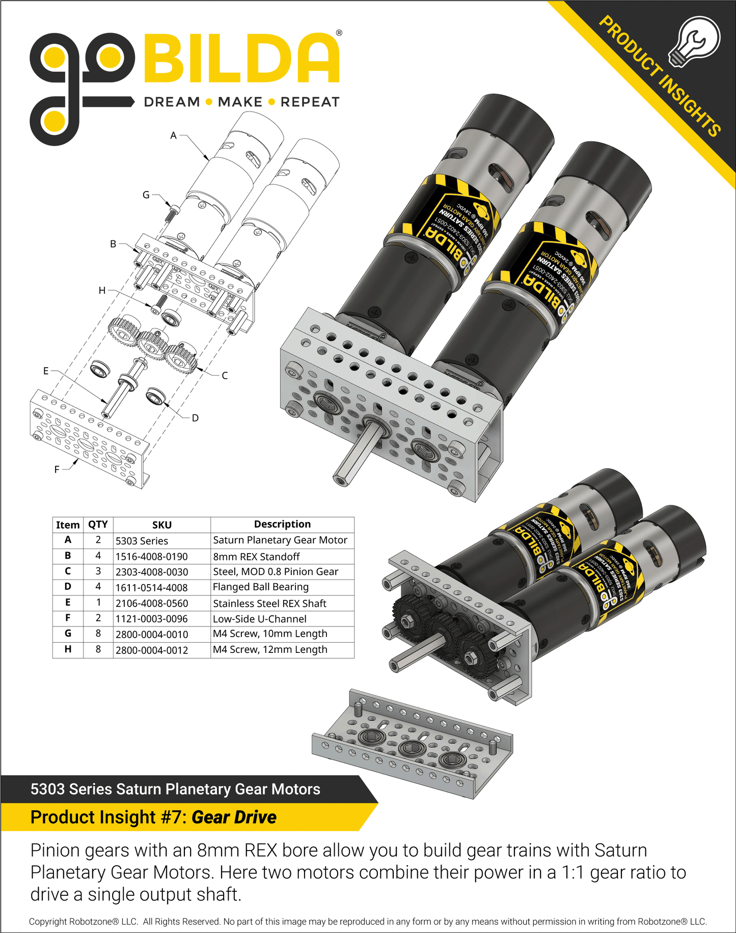 5303 Series Saturn Planetary Gear Motor (188:1 Ratio, 24mm Length 8mm REX™ Shaft, 100 RPM, 3.3 - 5V Encoder)