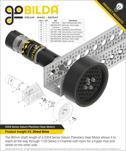 5304 Series Saturn Planetary Gear Motor (139:1 Ratio, 80mm Length 8mm REX™ Shaft, 130 RPM, 3.3 - 5V Encoder)