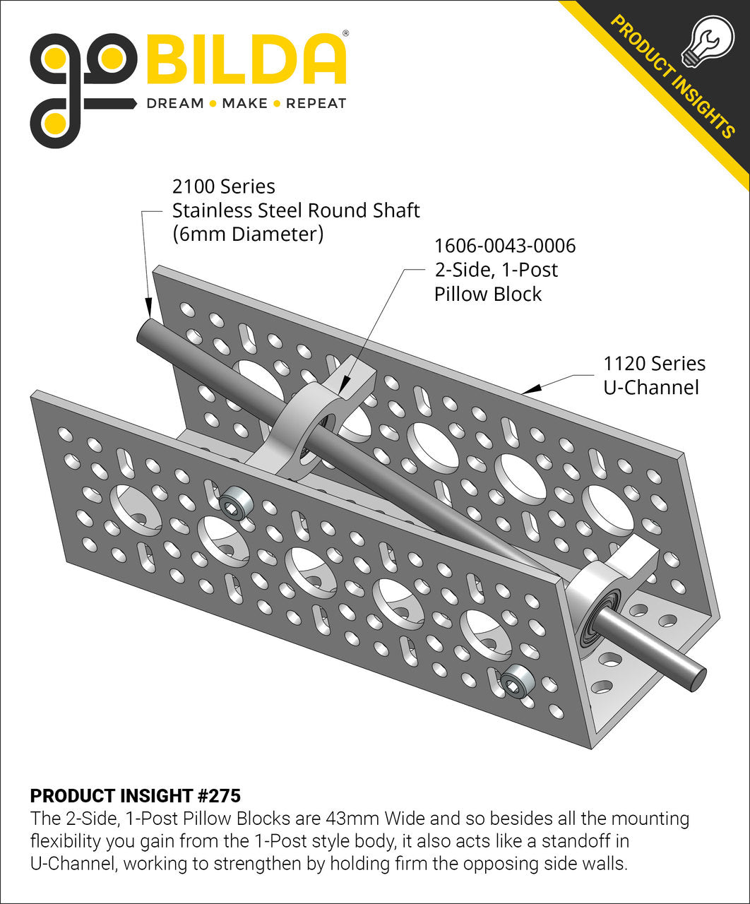 6mm Bore 2-Side, 1-Post Pillow Block (43mm Width)